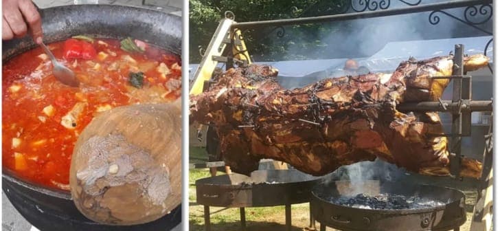 Taur la proțap și ceaune cu gulaș pregătite pentru festivalul de 1 Mai în apropiere de Timișoara Taur la proțap și ceaune cu gulaș pregătite pentru festivalul de 1 Mai în apropiere de Timișoara